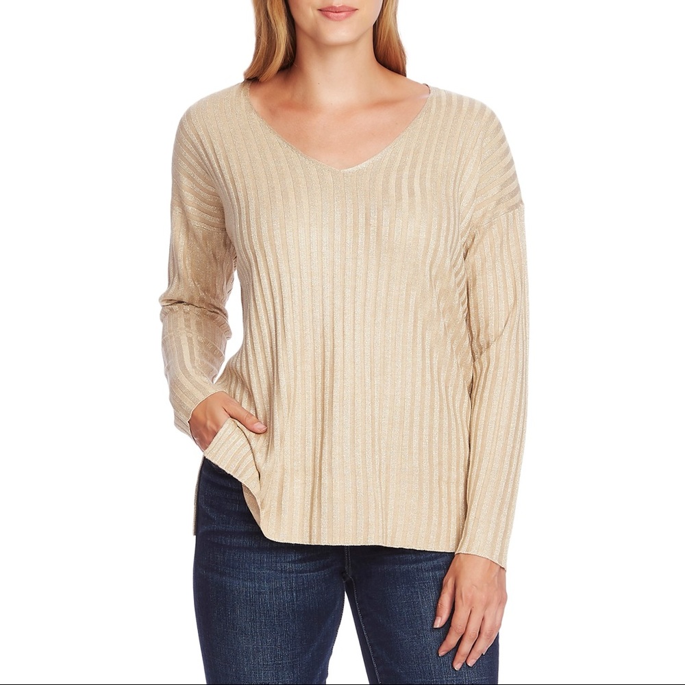 Vince Camuto Metallic Stripe V-Neck Sweater, Gold